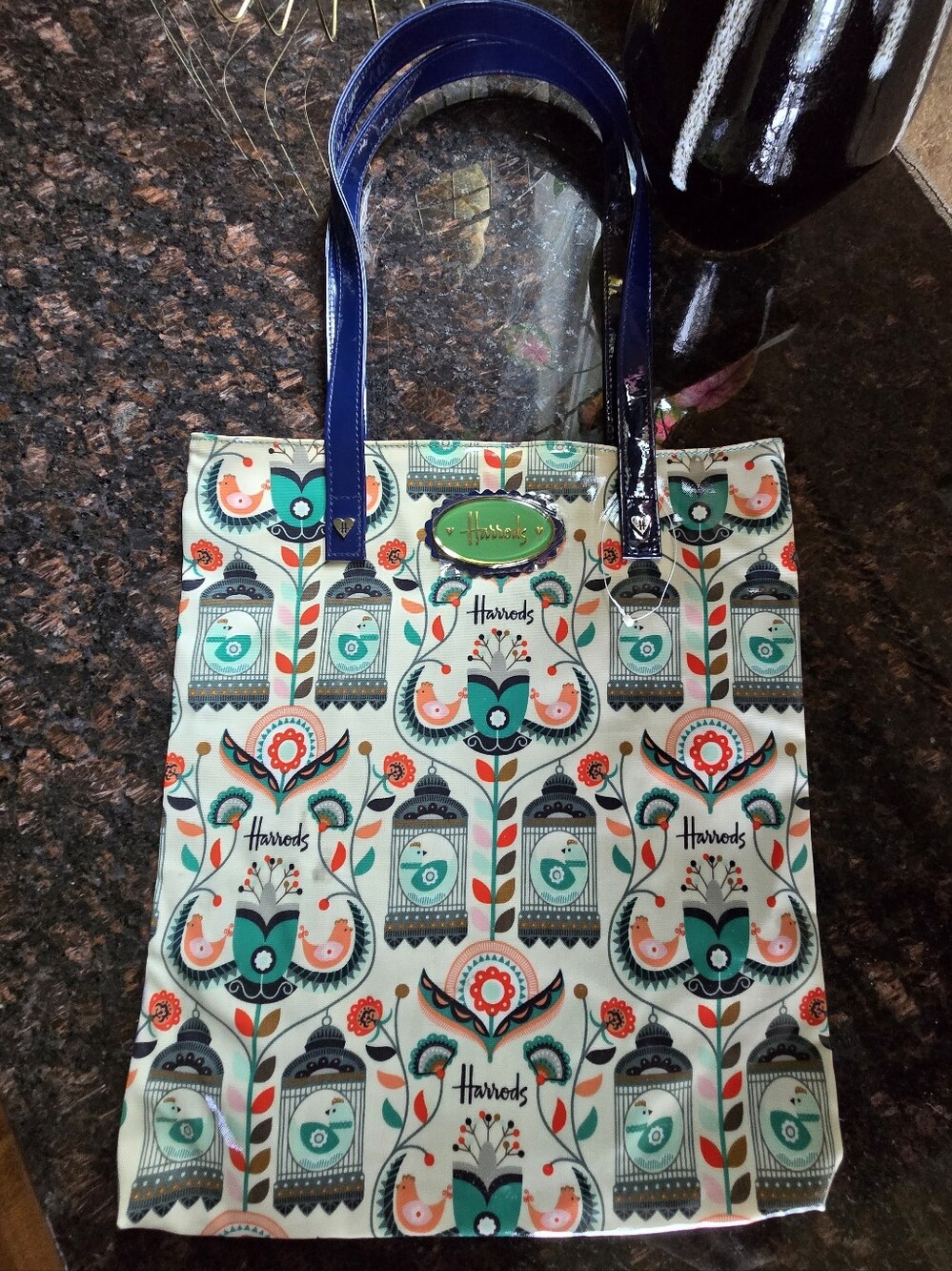 Discontinued Harrods Coated Canvas Birdcage Folk Art Tote, NWOT